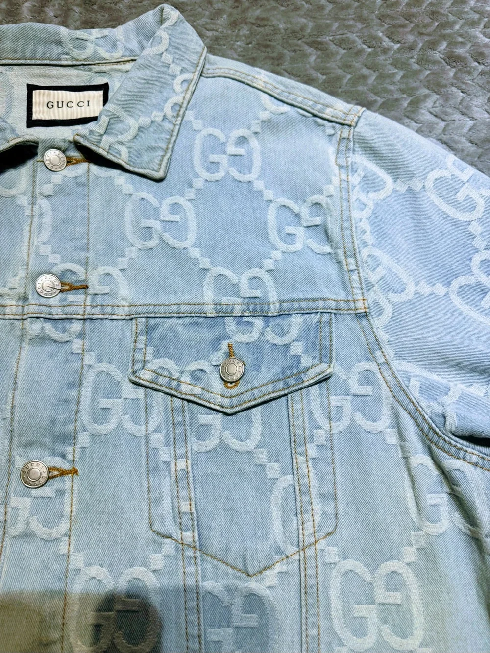 Gucci 'California' Embroidered Denim Jacket - Light Blue with Red Script